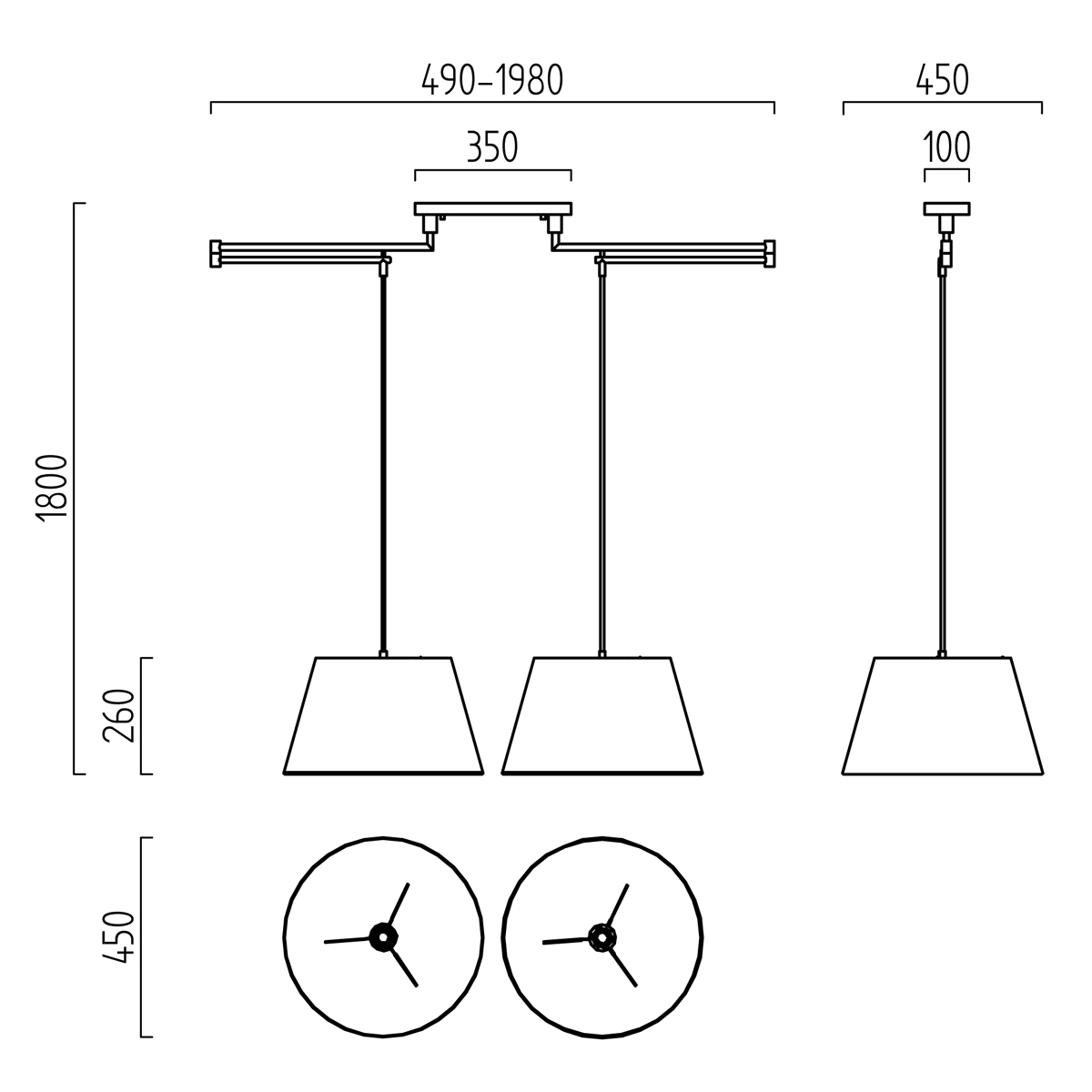 Helestra Certo Pendelleuchte, 2-flg., konisch, Maßzeichnung