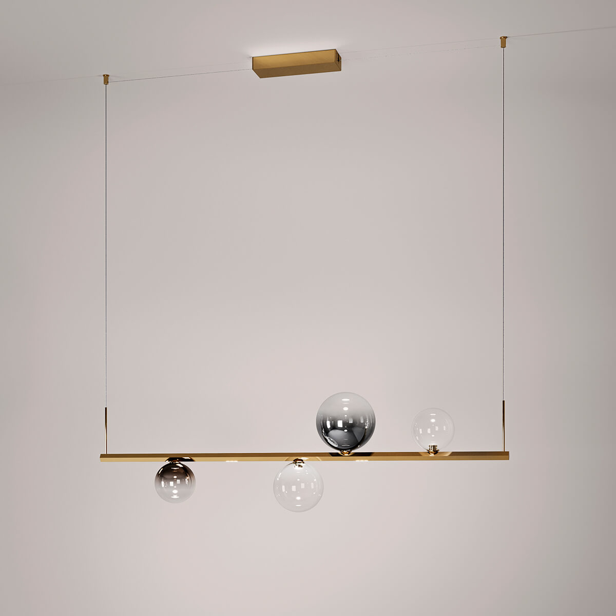 Lodes Random Stick Short LED Pendelleuchte, 4-flg., Pendel: Gold, Gläser: Chrom / transparent (Farbkombination auf Anfrage erhältlich)