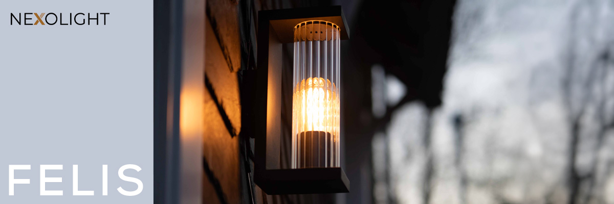 Nexolight Felis outdoor wall light with glass rods and warm light on a classic house facade
