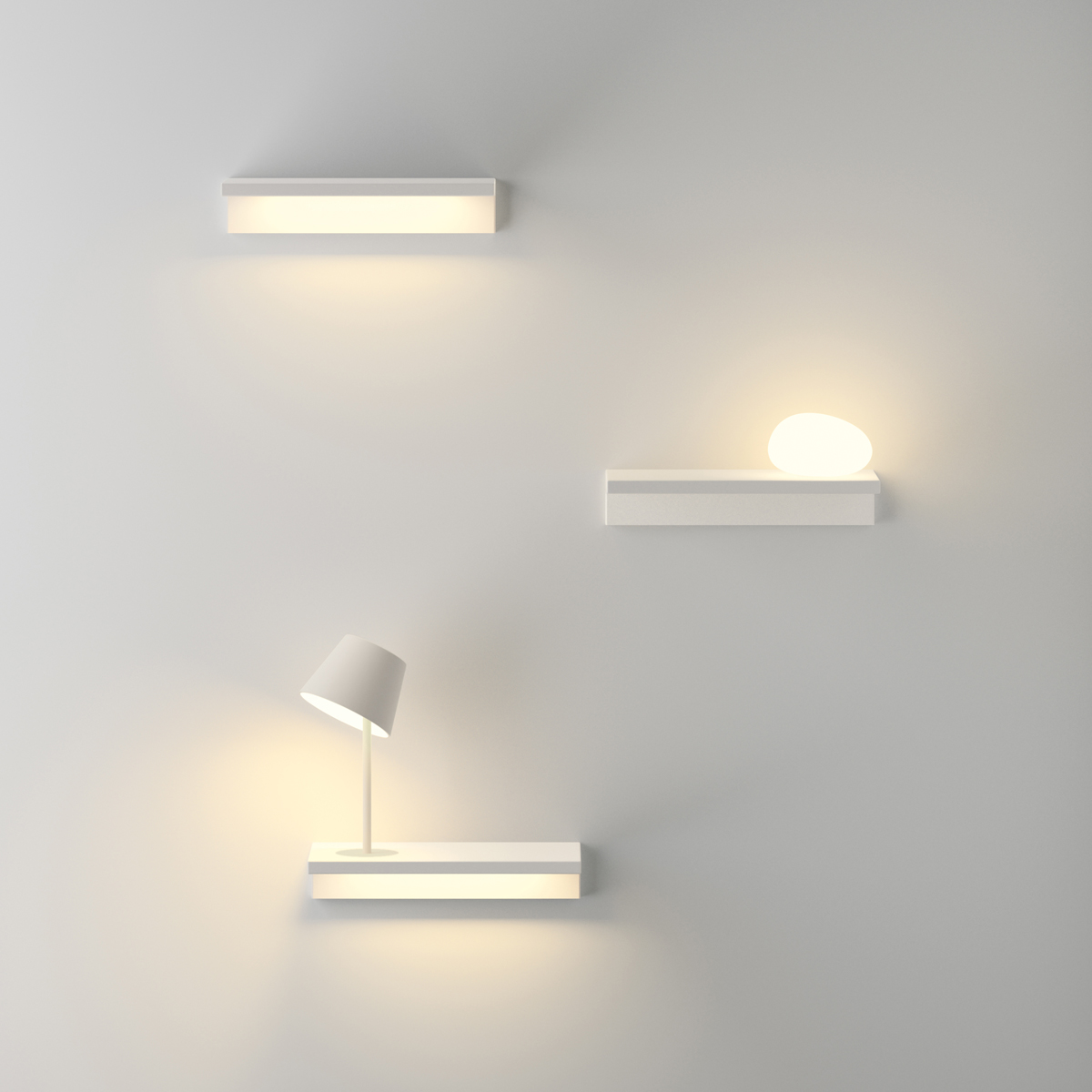 Vibia Suite 6041 Wandleuchte, mit Glasdiffusor, weiß matt, Vibia Suite 6035 Wandleuchte, weiß matt, und Vibia Suite 6045 Wandleuchte, mit Leselicht, weiß matt