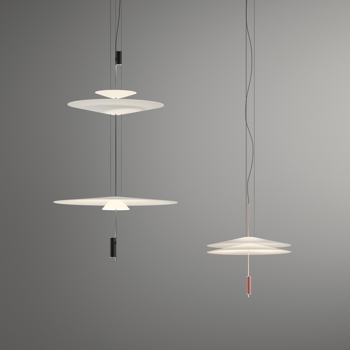 Vibia Flamingo 1510 Pendelleuchte, Kupfer glänzend, und Vibia Flamingo 1560 Pendelleuchte, graphitgrau matt