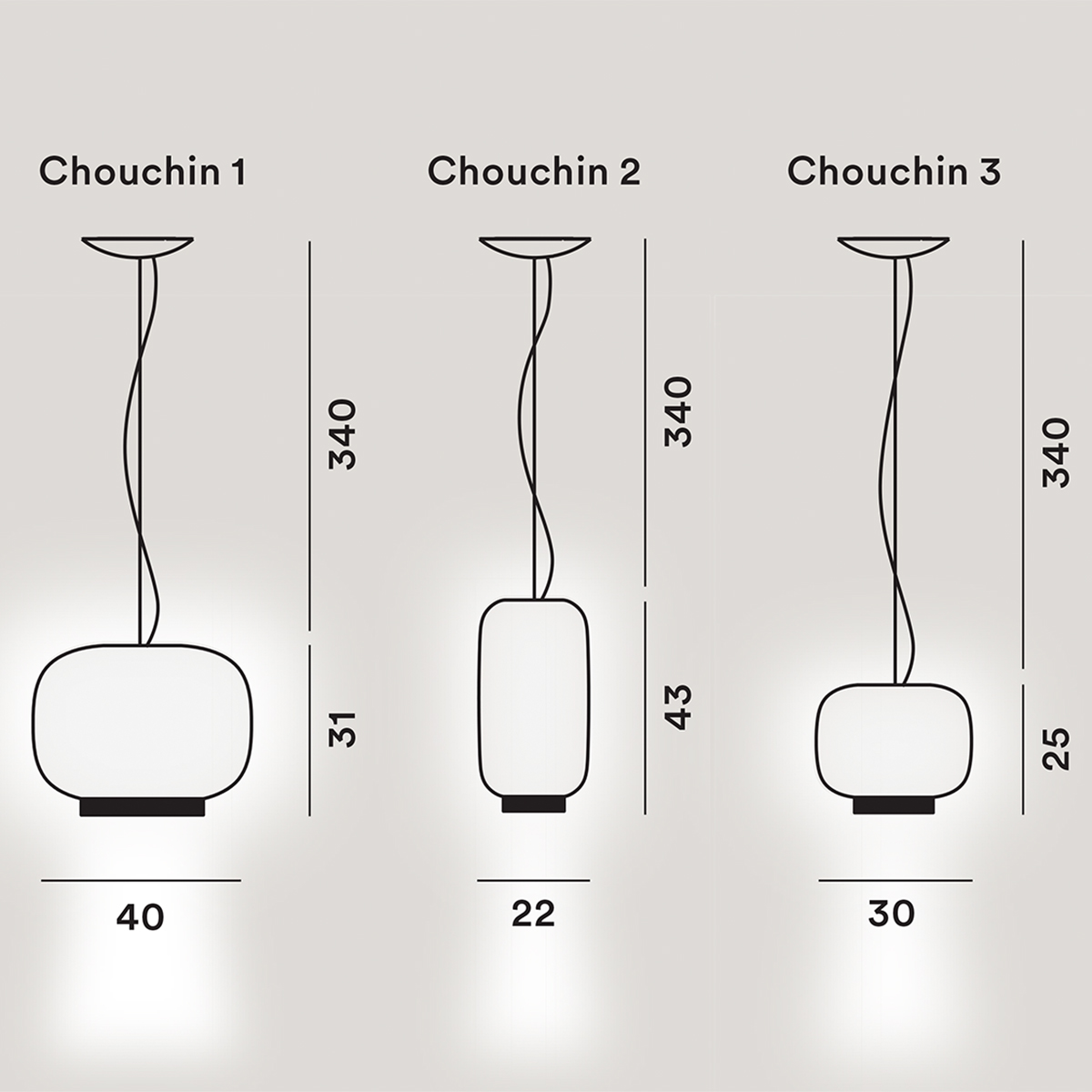 Foscarini Chouchin reverse LED Sospensione, 1, 2 und 3, Maßzeichnung