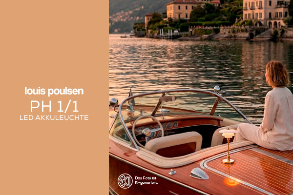 Louis Poulsen PH 1/1 LED Akkuleuchte als stilvolle Tischleuchte auf klassischem Boot am Wasser
