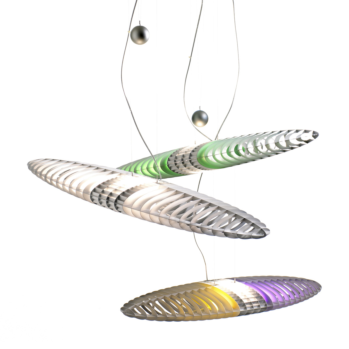 Luceplan Titania Sospensione, Aluminium, mit Farbfilter grün bzw. gelb und violett