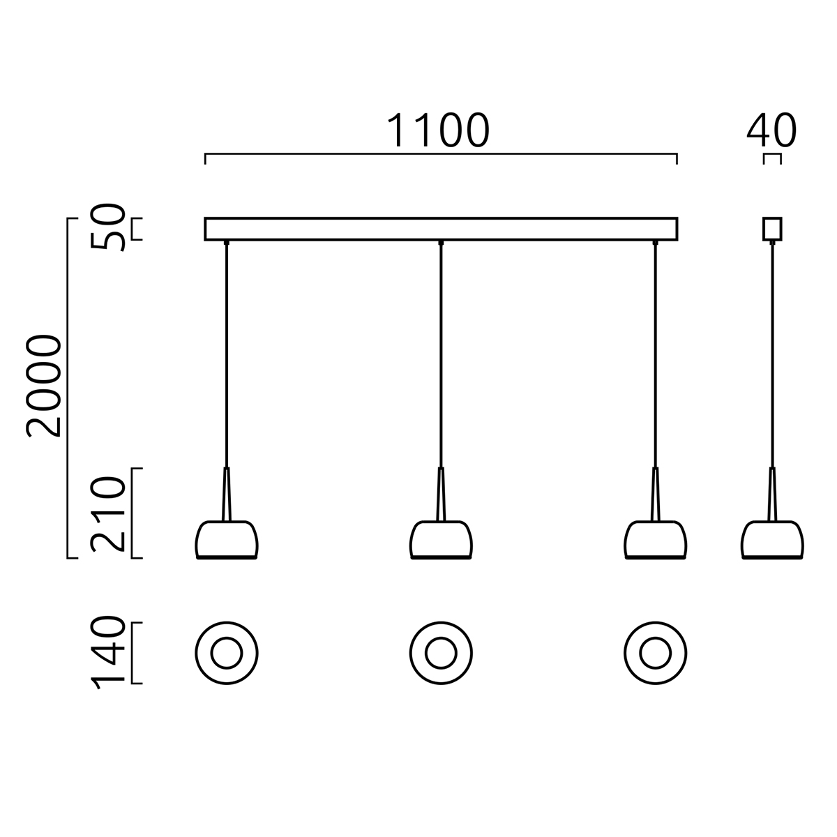 Helestra Flute LED Pendelleuchte, 3-flg., mit Glasschirmen, Maßzeichnung