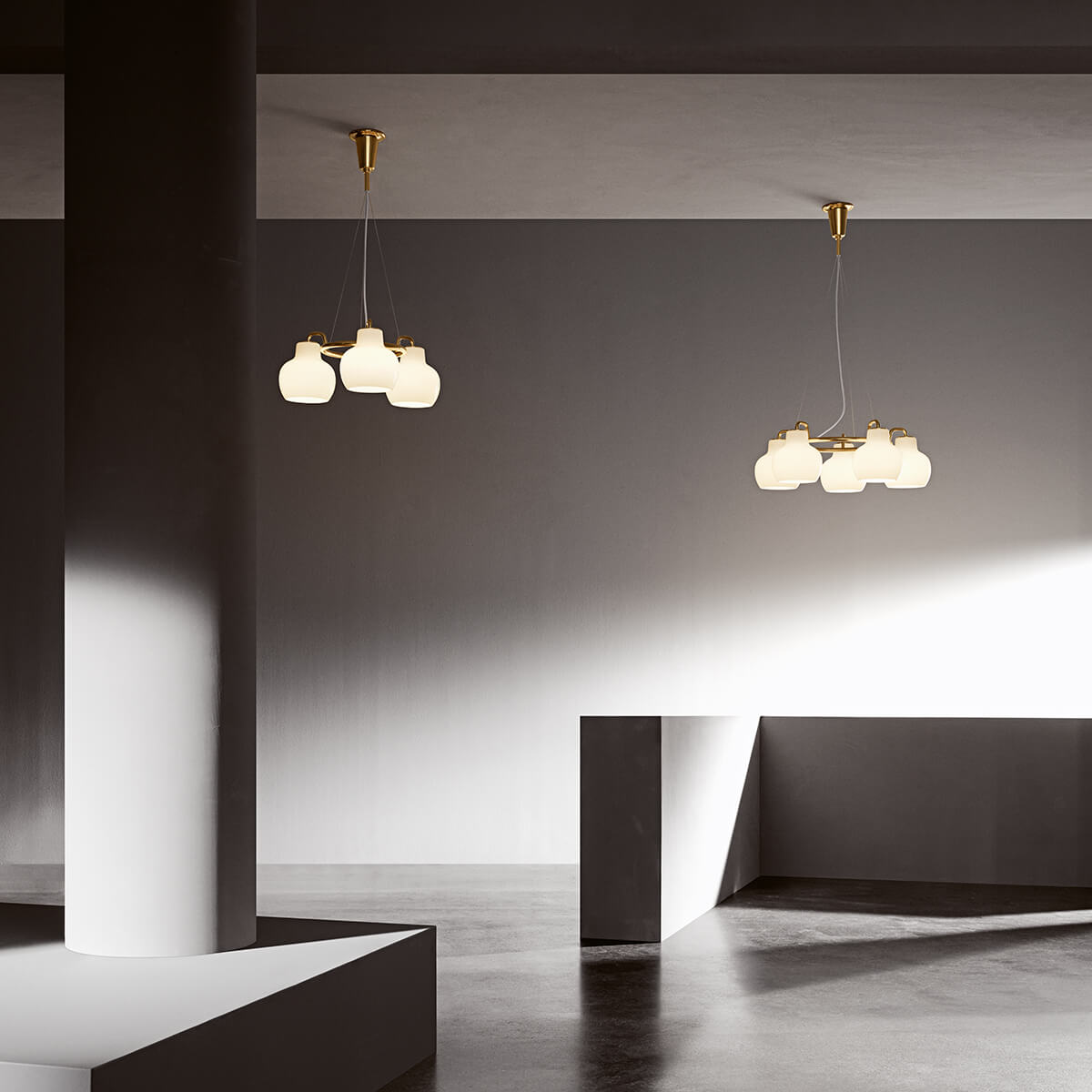 Louis Poulsen VL Ring Crown 3-5-7 Pendelleuchte, 3-flg. und 5-flg., Messing / Opalglas