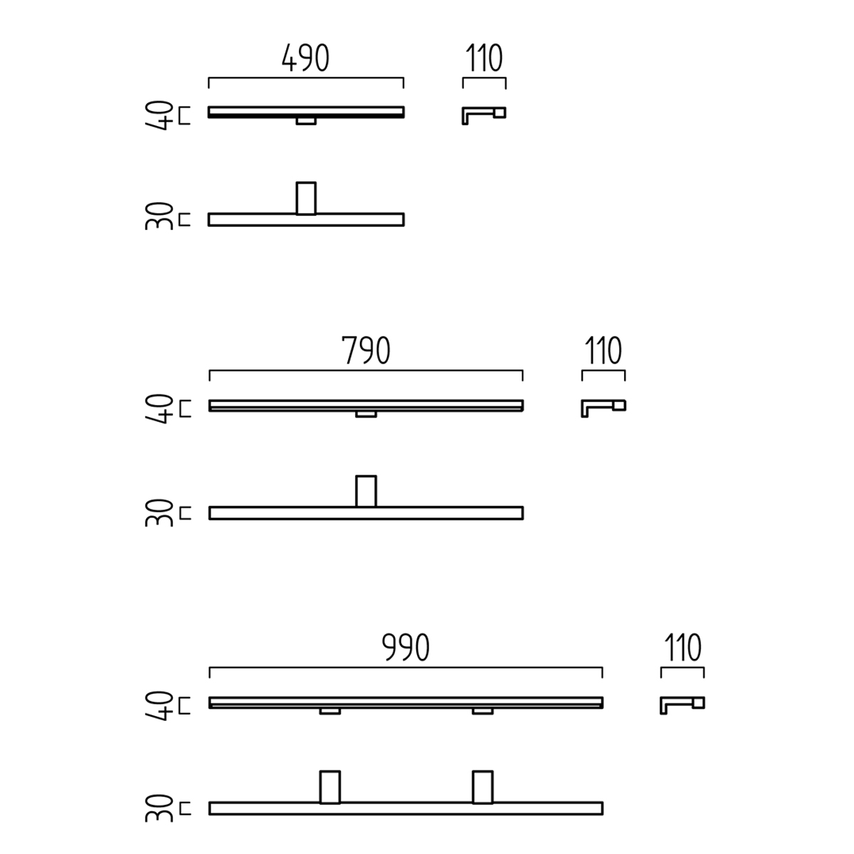 Helestra Gaia Wandleuchte, Maßzeichnung aller Ausführungen
