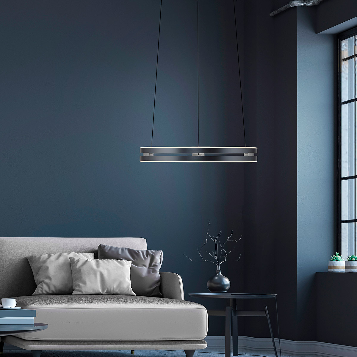 Neuhaus PURE PURE E-Loop LED Pendelleuchte mit e-LIFT und CCT, Ø: 50 cm, platin (grau eloxiert)