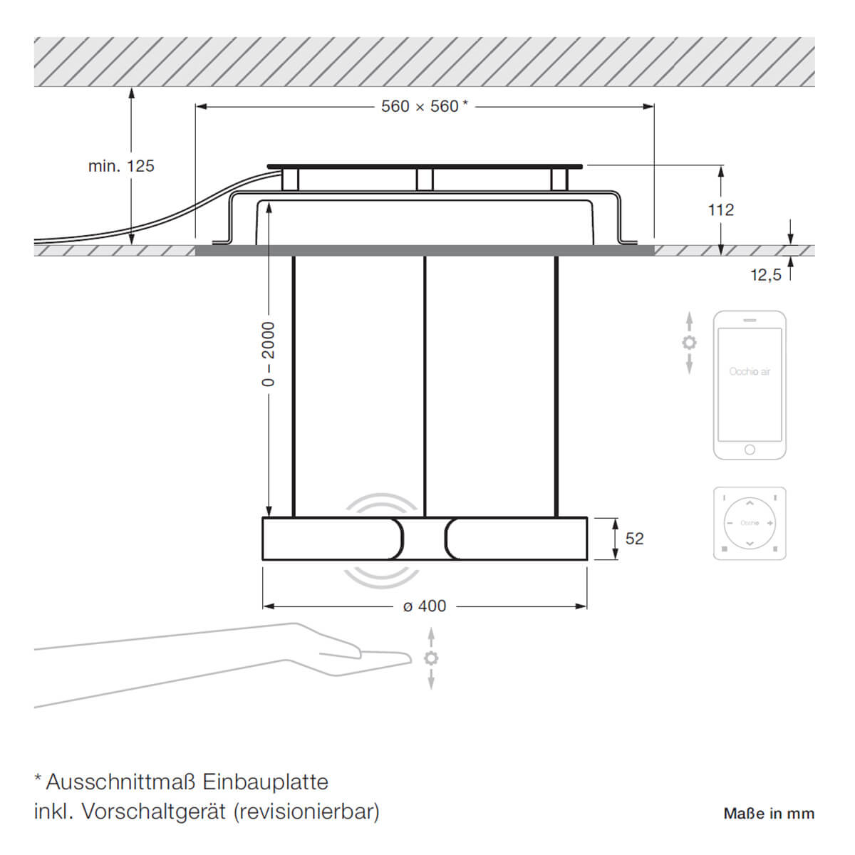 Occhio Mito cosmo 40 move "air" narrow Pendelleuchte, Maßzeichnung