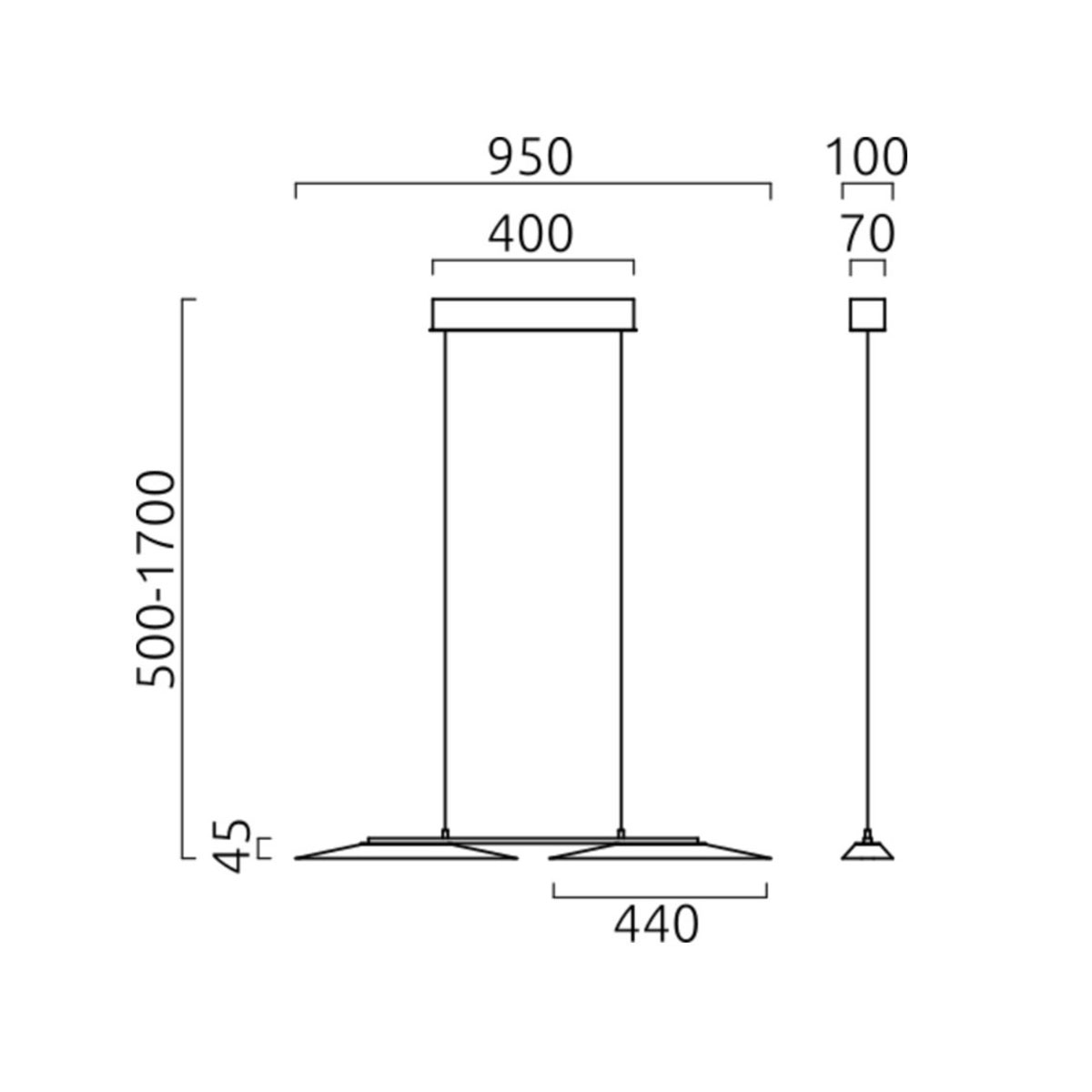 Helestra Sally LED Pendelleuchte mit Casambi-Modul, Nickel matt / Chrom, Maßzeichnung