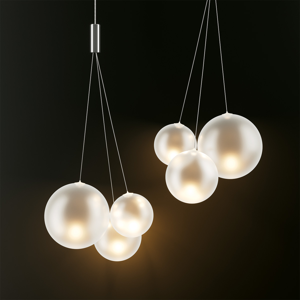Lodes Random LED Pendelleuchte, die Abbildung zeigt zwei Pendel in weiß matt satiniert (je Pendel 3-flg.)
