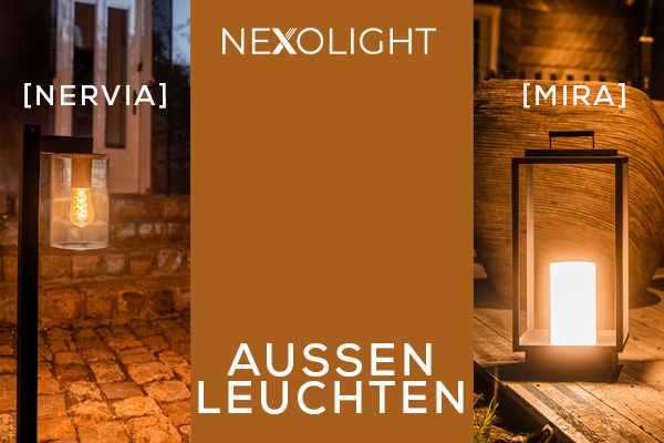 Nexolight outdoor lights with Nervia and Mira for atmospheric garden and terrace lighting