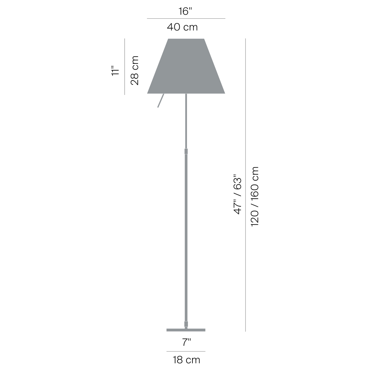 Luceplan Costanza Terra Teleskop mit Touchdimmer und Diffusor, Maßzeichnung