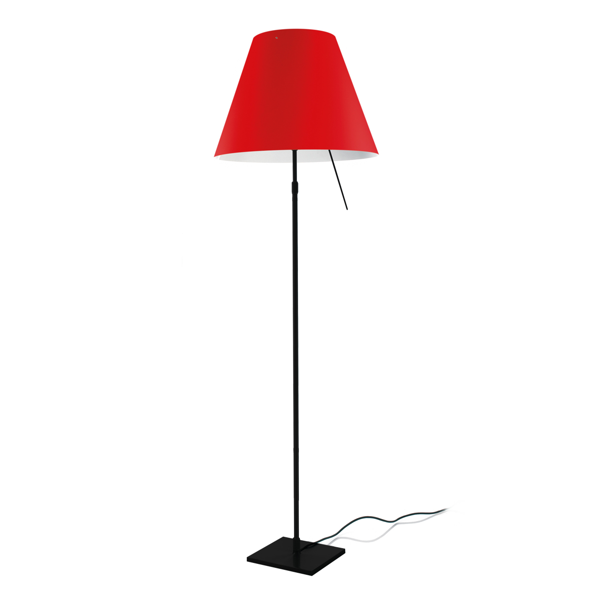 Luceplan Costanza Terra Teleskop mit Touchdimmer, schwarz, Schirm: johannisbeerrot (ausgeschaltet)