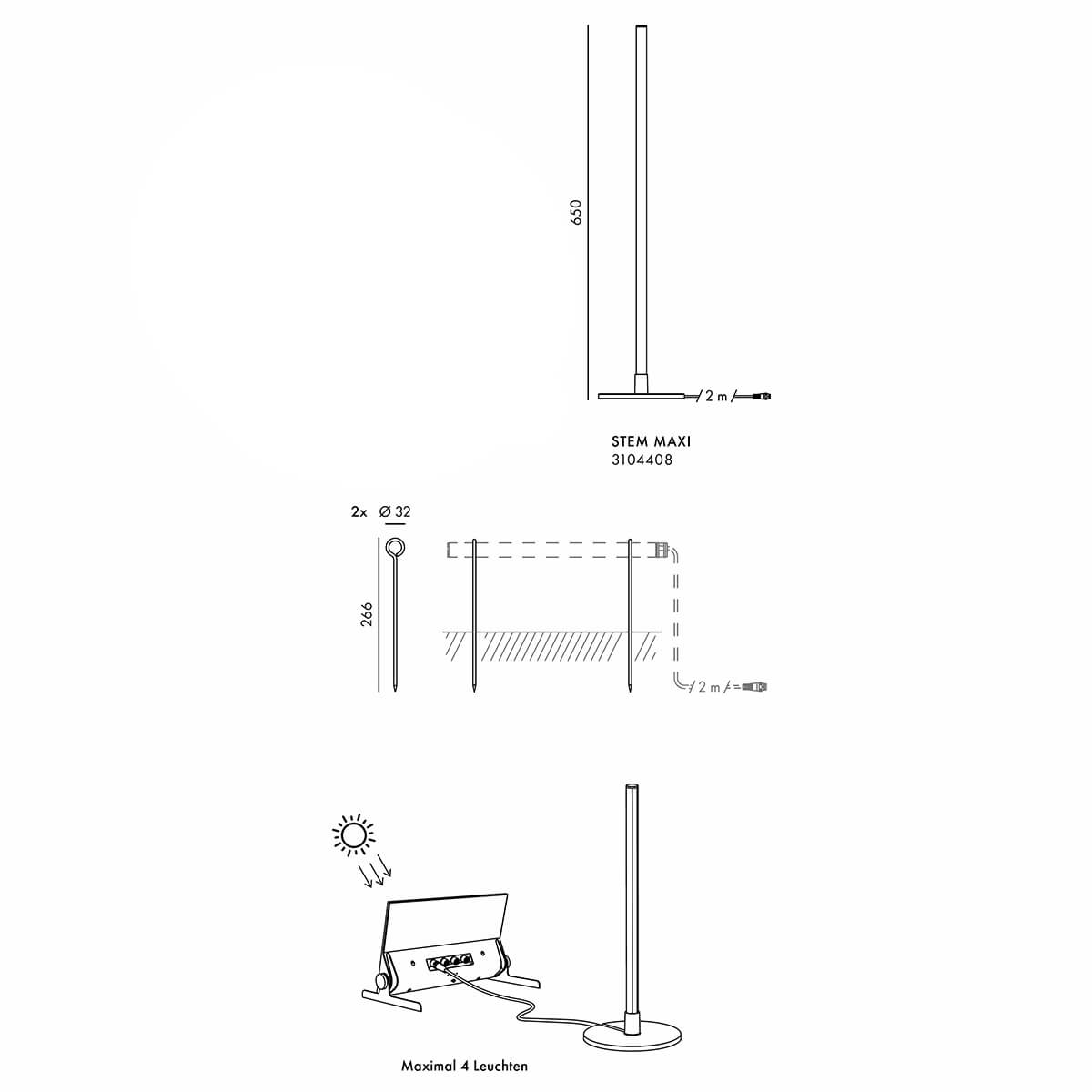Klewe Stem Maxi LED Solarleuchte, Maßzeichnung