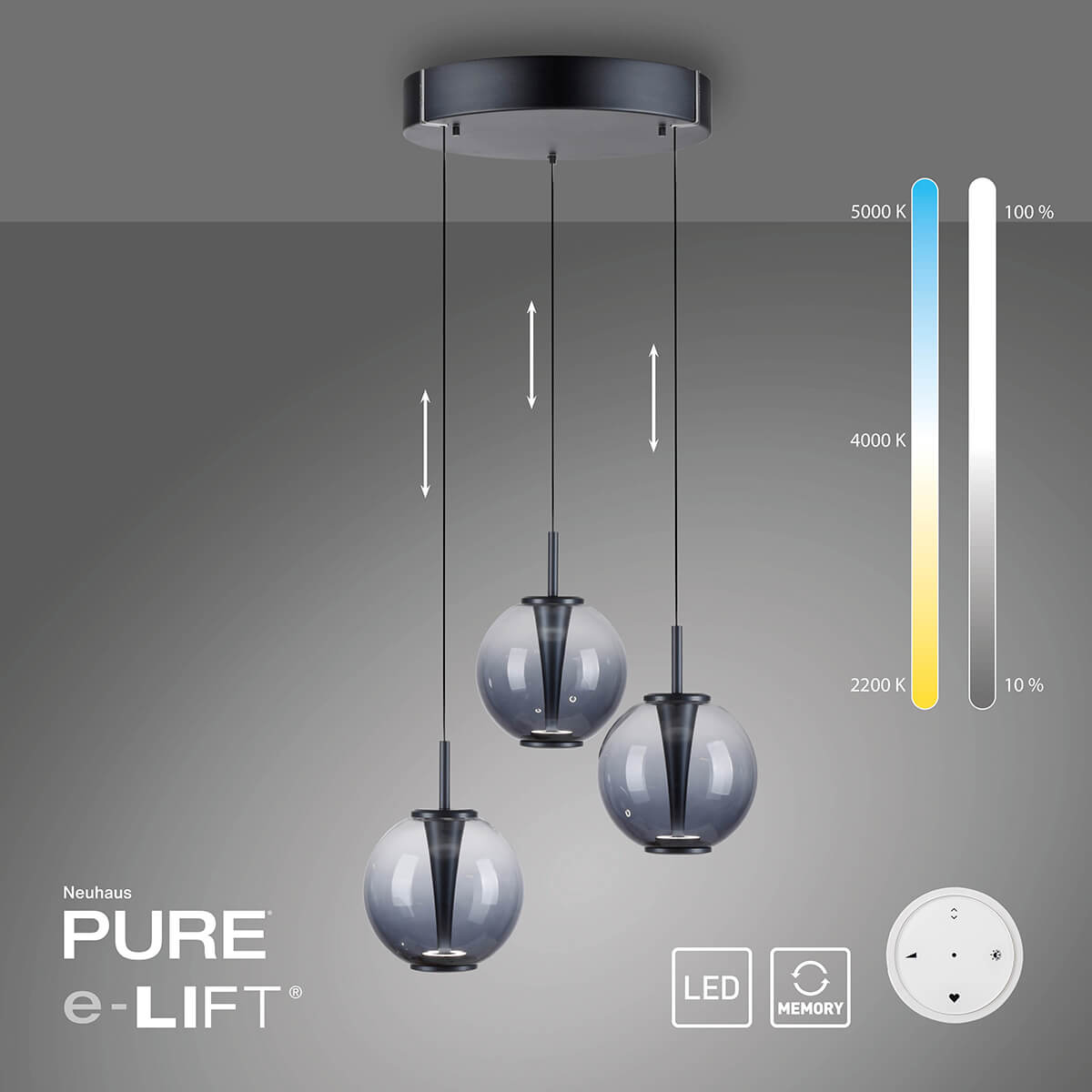 PURE E-Infinity Pendelleuchte mit e-LIFT und CCT