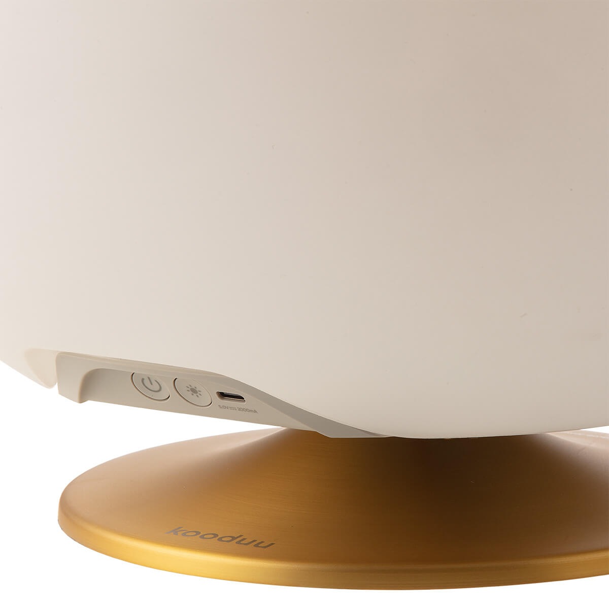 Kooduu Sphere LED Akkuleuchte, Bluetooth Lautsprecher & Weinkühler, Messing, Bedienfeld (ausgeschaltet)