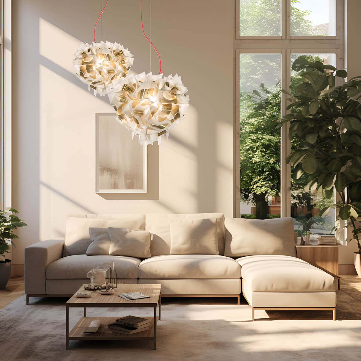 Slamp Veli Aurea Suspension und Veli Aurea Suspension Large, Textilkabel: rot, weiß / Gold