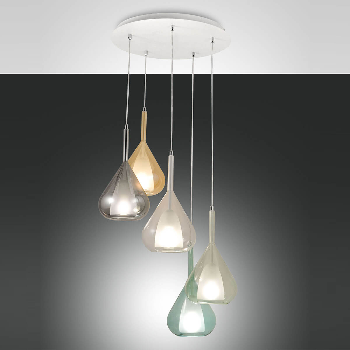 Fabas Luce Lila Pendelleuchte, 5-flg., mit Rondell, transparent, amber, grau transparent, grün, blau Lila Pendelleuchte, 5-flg., mit Rondell