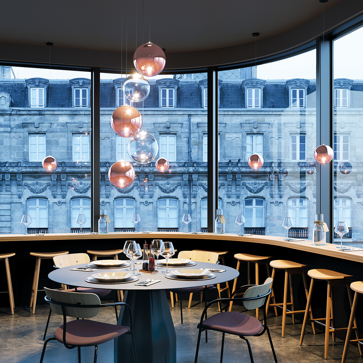 Lodes Random Solo 12 LED Pendelleuchte, die Abbildung zeigt die Leuchte auf einem Einbau-Baldachin in Roségold und Glas klar in unterschiedlichen Größen (auf Anfrage erhältlich)
