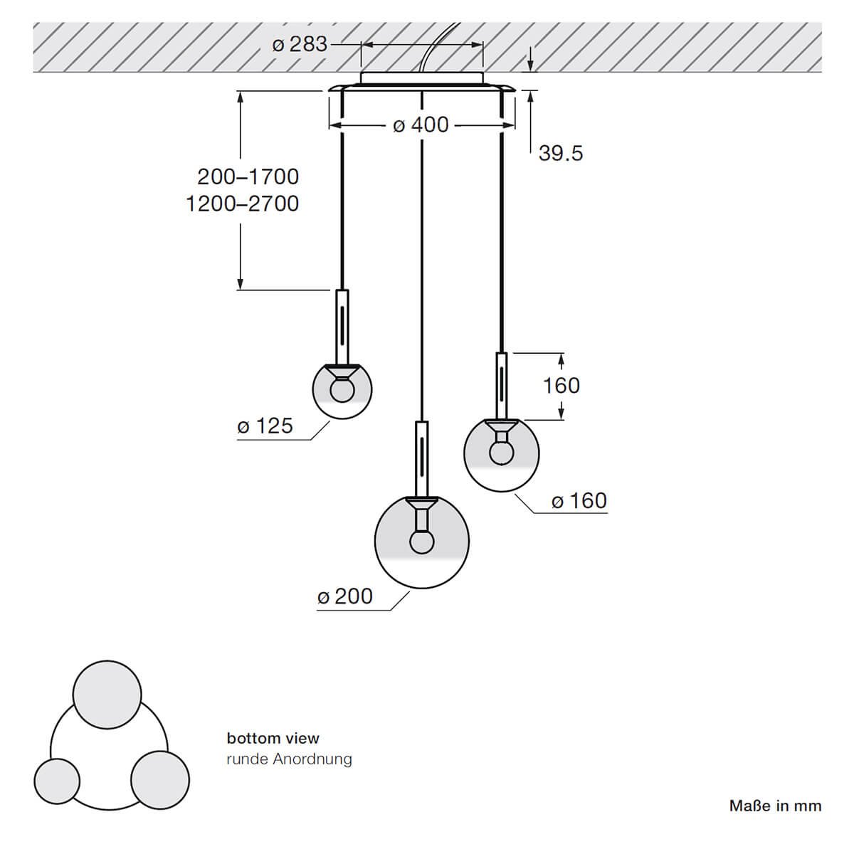 Occhio Luna sospeso cloud 3 LED Pendelleuchte, Maßzeichnung