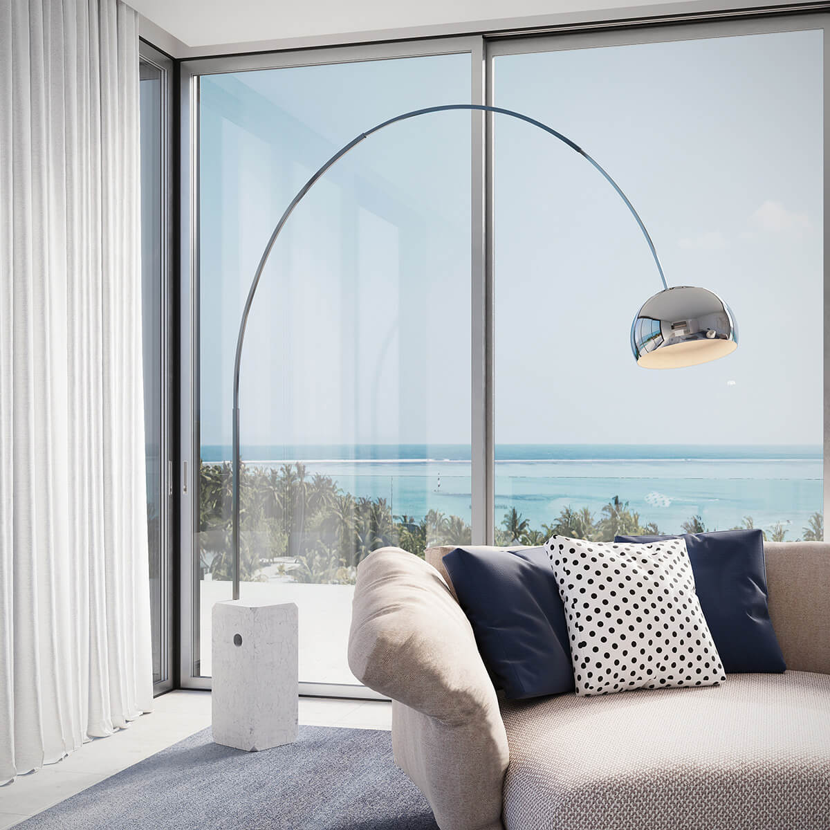 Flos Arco Bogenleuchte, Edelstahl, Sockel: Marmor