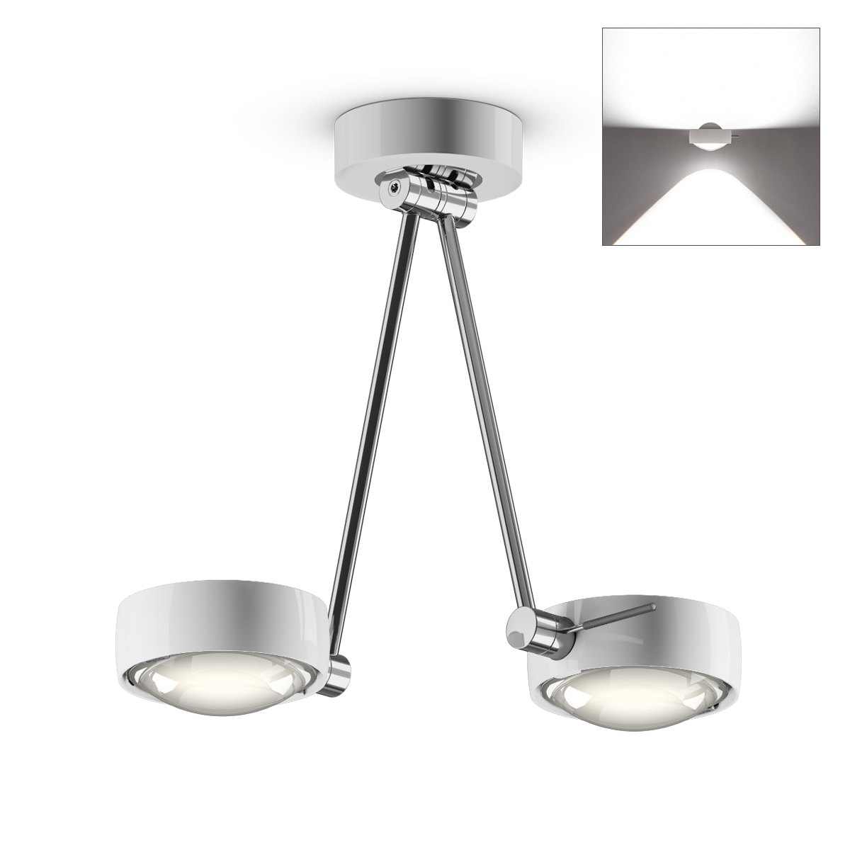 Occhio Sento E soffitto due up LED Deckenleuchte, 30 cm, 2700 K, Chrom / weiß glänzend
