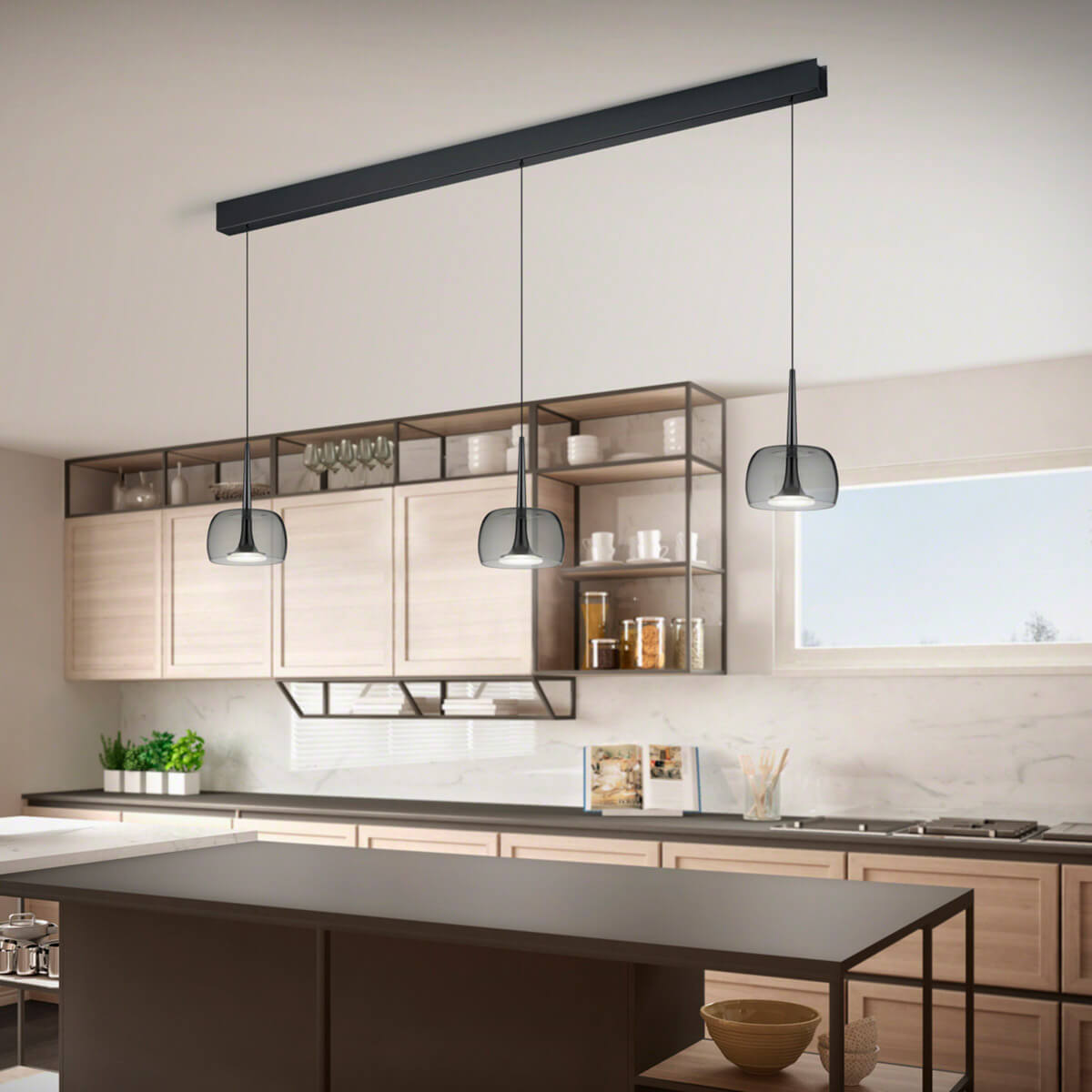 Helestra Flute LED Pendelleuchte, 3-flg., schwarzchrom, Glasschirme: grau