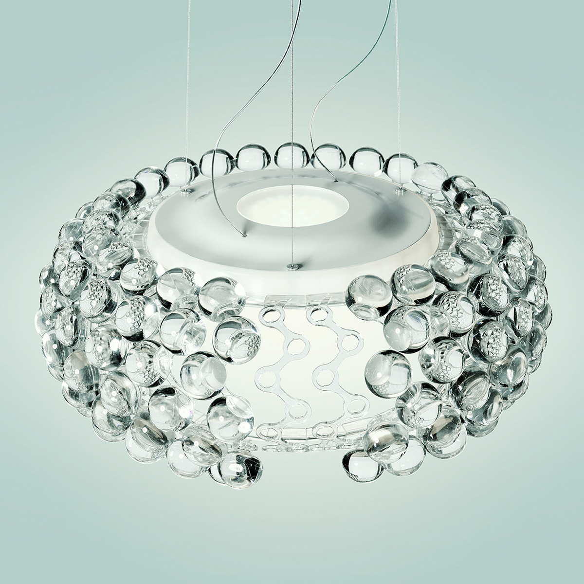 Foscarini Caboche Plus Media LED Sospensione, transparent, Verbindung der PMMA-Kugeln mit den Polycarbonat-Bögen via Twist-Lock-System