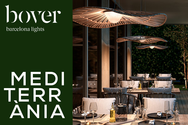 Bover Mediterrània outdoor pendant lights above a dining table on a modern terrace with garden view
