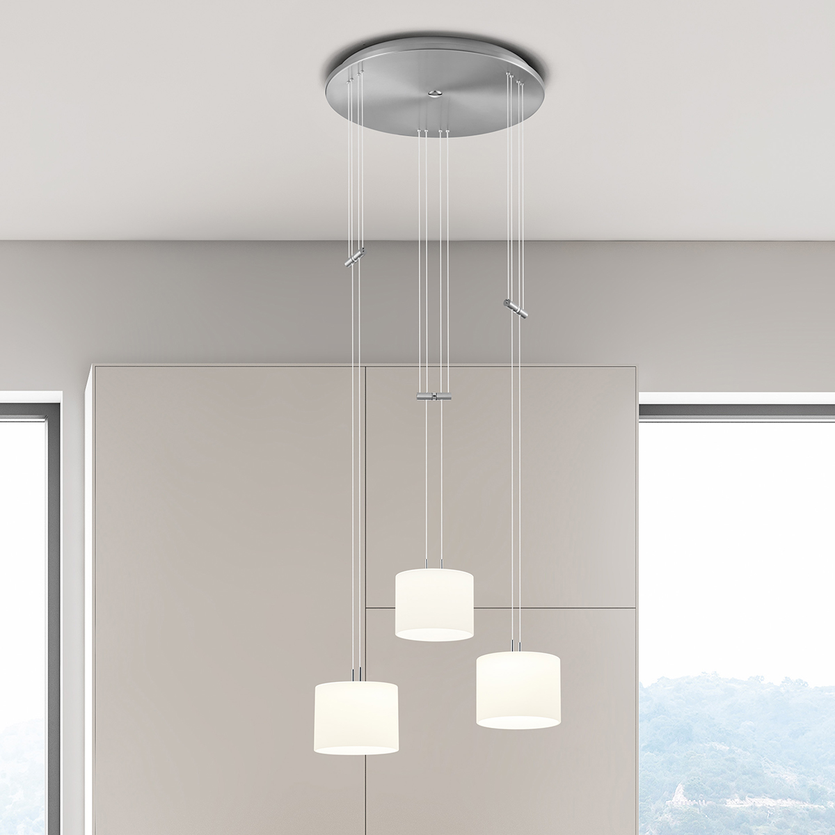 Bankamp Grazia LED Pendelleuchte, 3-flg., mit Rondell, Nickel matt / Chrom