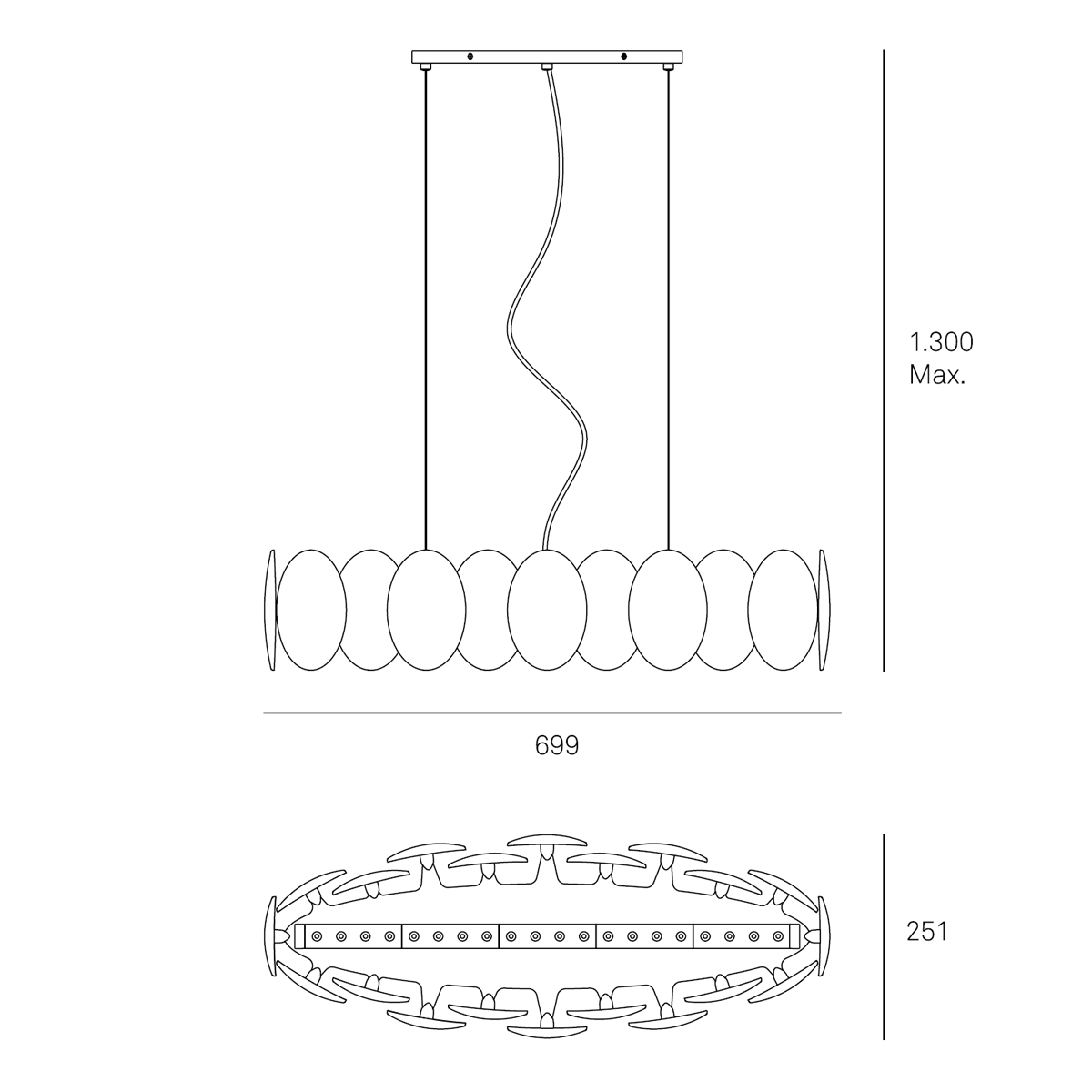 Milan Obolo Pendelleuchte, oval, Maßzeichnung