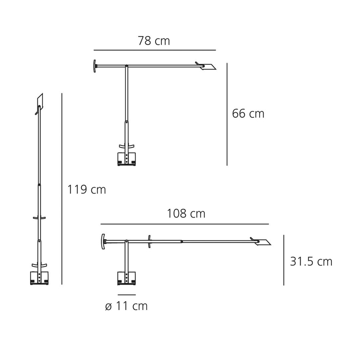 Artemide Tizio Tavolo, Maßzeichnung