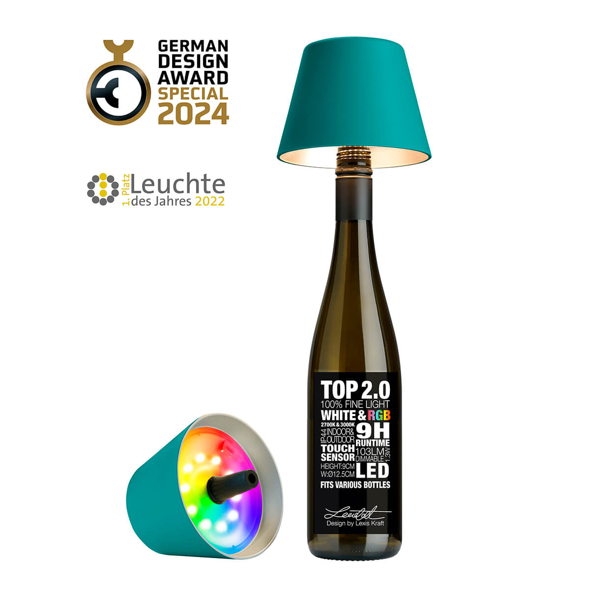 Sompex Top 2.0 RGB LED Akkuleuchte & Flaschenaufsatz, grün und blau
