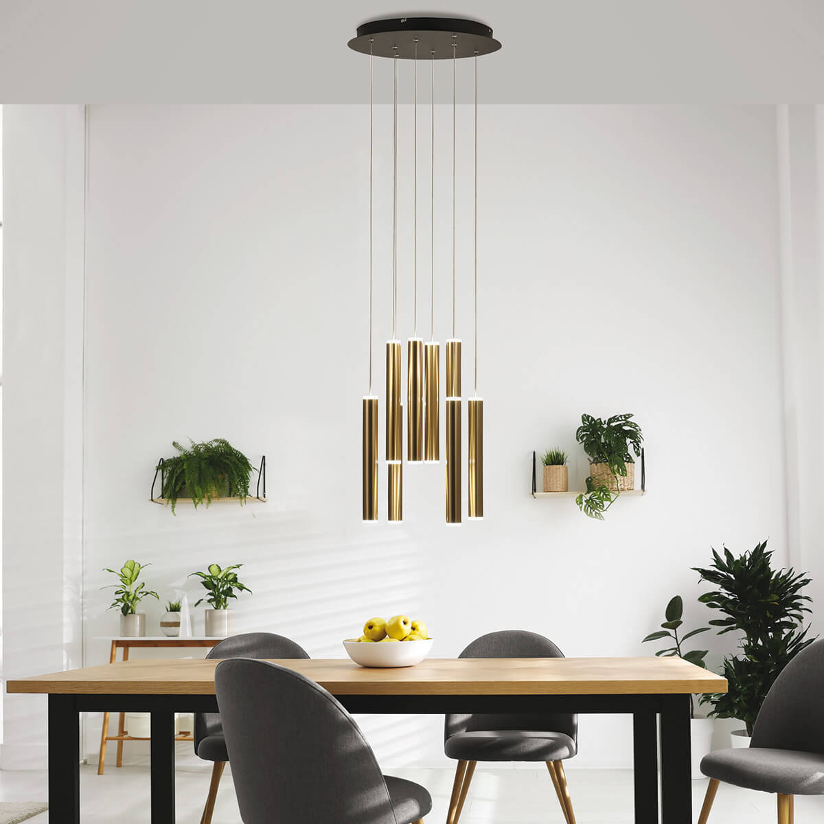 Fabas Luce Prado LED Pendelleuchte, 8-flg., mit Rondell, Messing satiniert