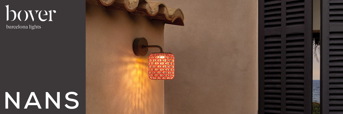Bover Nans outdoor wall light with woven shade on a Mediterranean house facade