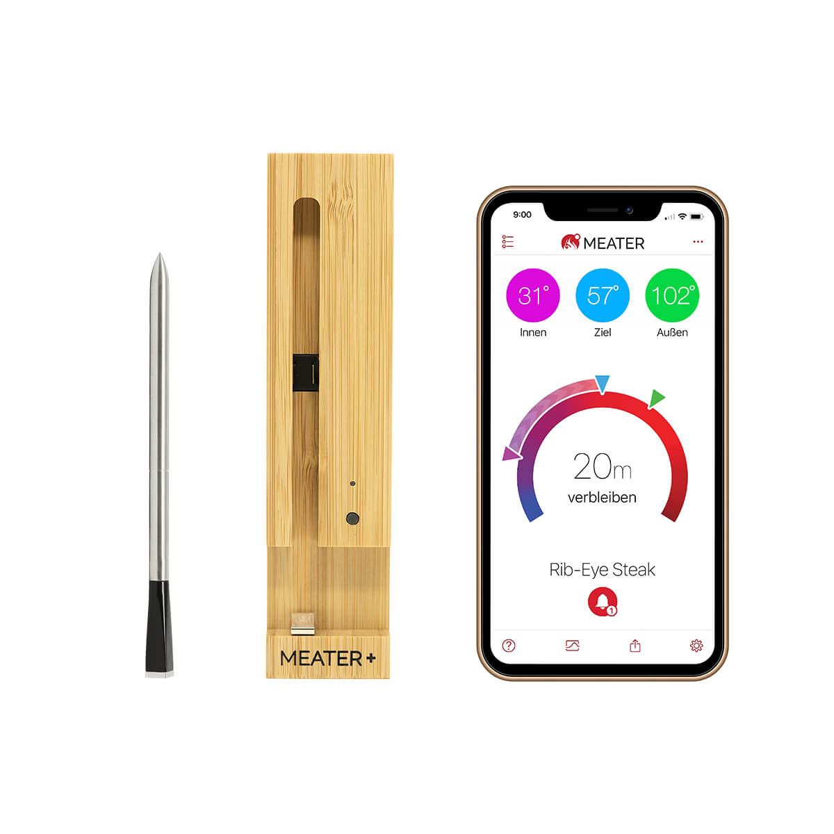 Meater MEATER Plus Bluetooth Fleischthermometer, max. 50 m kabellose Reichweite, Bedienung via Meater App