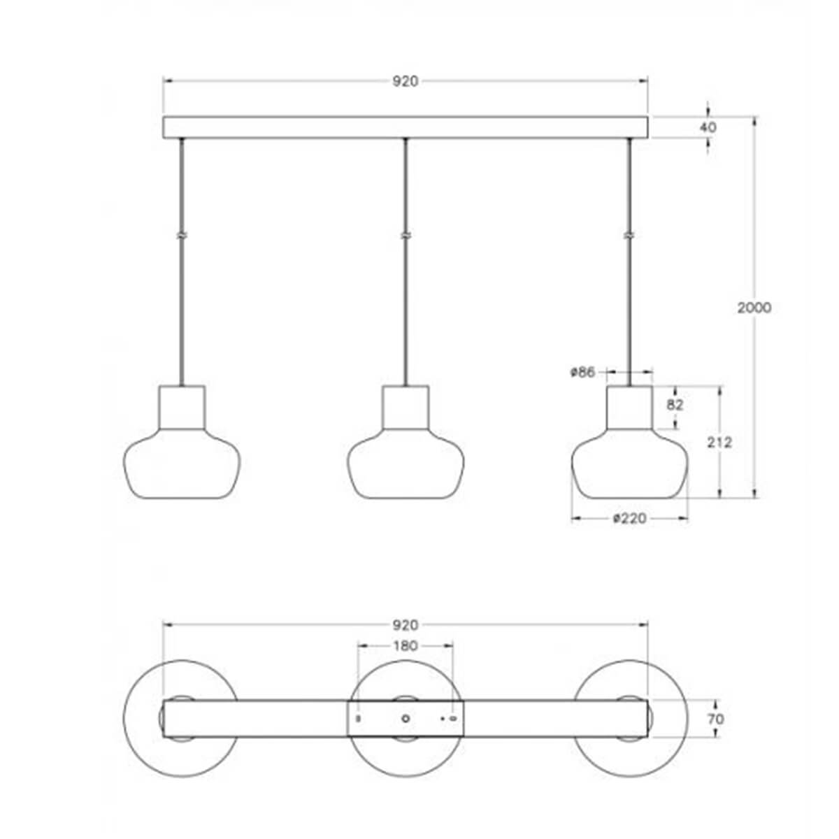 Fabas Luce Kino LED Pendelleuchte, 3-flg., Maßzeichnung