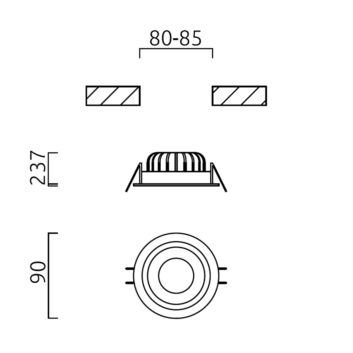 Helestra Sid LED Deckeneinbaustrahler mit Casambi-Modul, Maßzeichnung