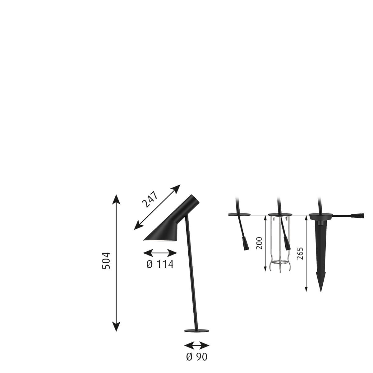 Louis Poulsen AJ Garden LED Pollerleuchte kurz, 2700 K, Maßzeichnung mit Fußplatte, Erdstück und Erdspieß (v.l.n.r.)