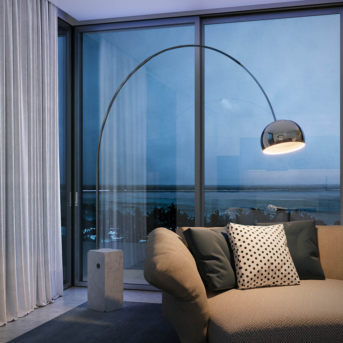 Flos Arco Bogenleuchte, Edelstahl, Sockel: Marmor