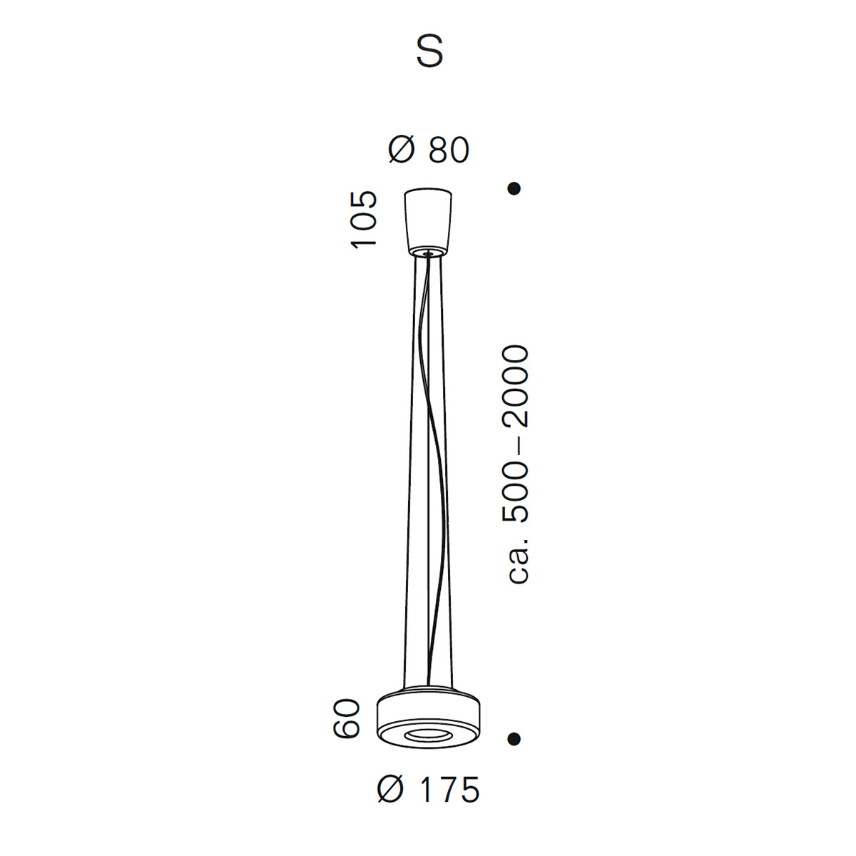 Serien.lighting Curling Suspension Rope S LED Pendelleuchte, Glasschirm, Maßzeichnung