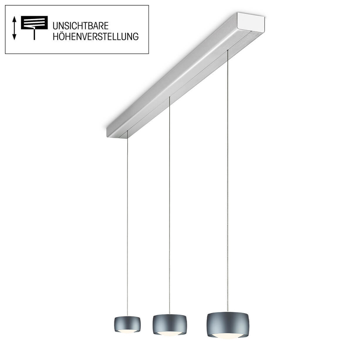Oligo Grace LED Pendelleuchte, 3-flg., TW, unsichtbare Höhenverstellung, Baldachin: Alu gebürstet, Basalt