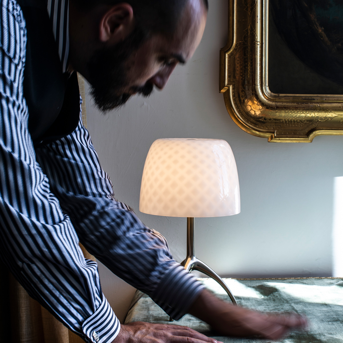 Foscarini Lumiere 30th Piccola Tavolo, mit Dimmer, champagner / pastilles (Rautenmuster)