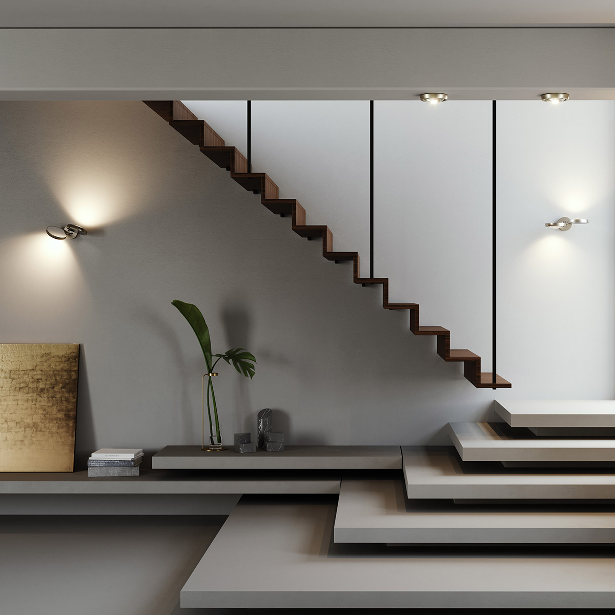 Lodes Nautilus, die Abbildung zeigt die Spot LED Deckenaufbauleuchte und die Nautilus LED Wand - / Deckenleuchte in champagner matt