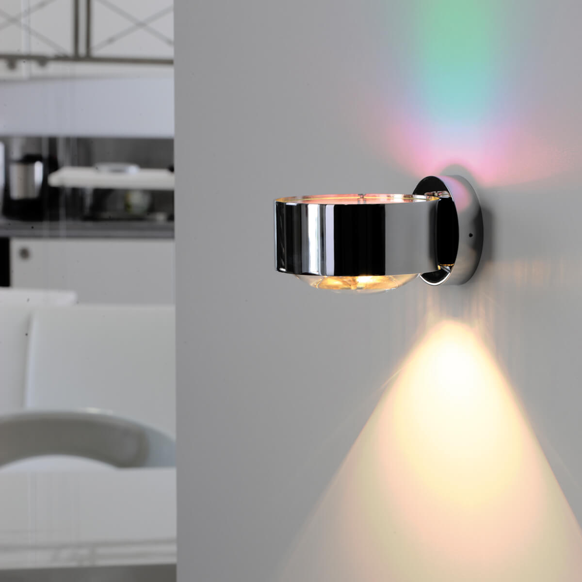 Top Light Puk Maxx Wall LED Wandleuchte, Chrom, mit Linse klar / Farbfilter grün