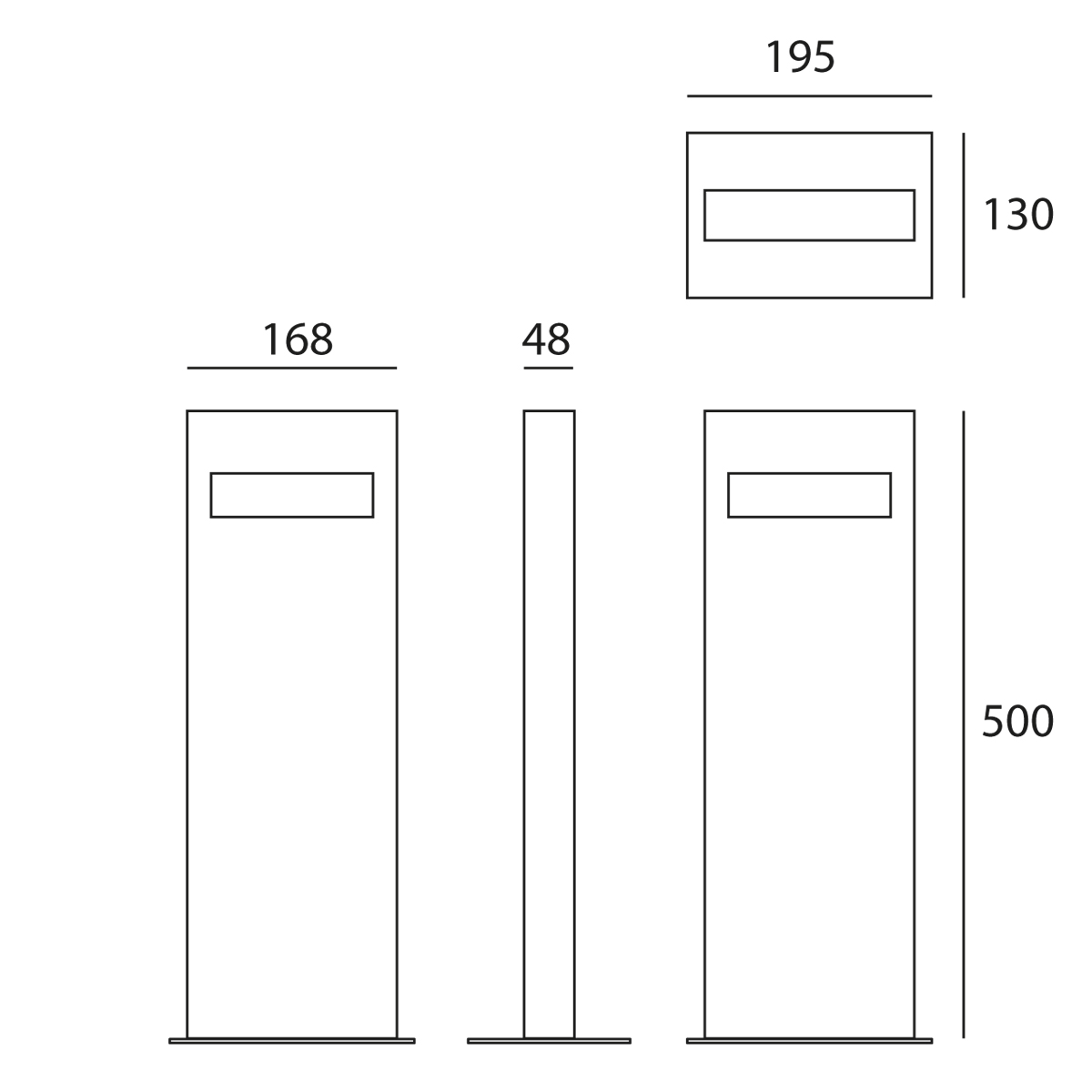 Artemide Outdoor Nuda LED Pollerleuchte, einseitiger Lichtaustritt, Höhe: 50 cm, Maßzeichnung