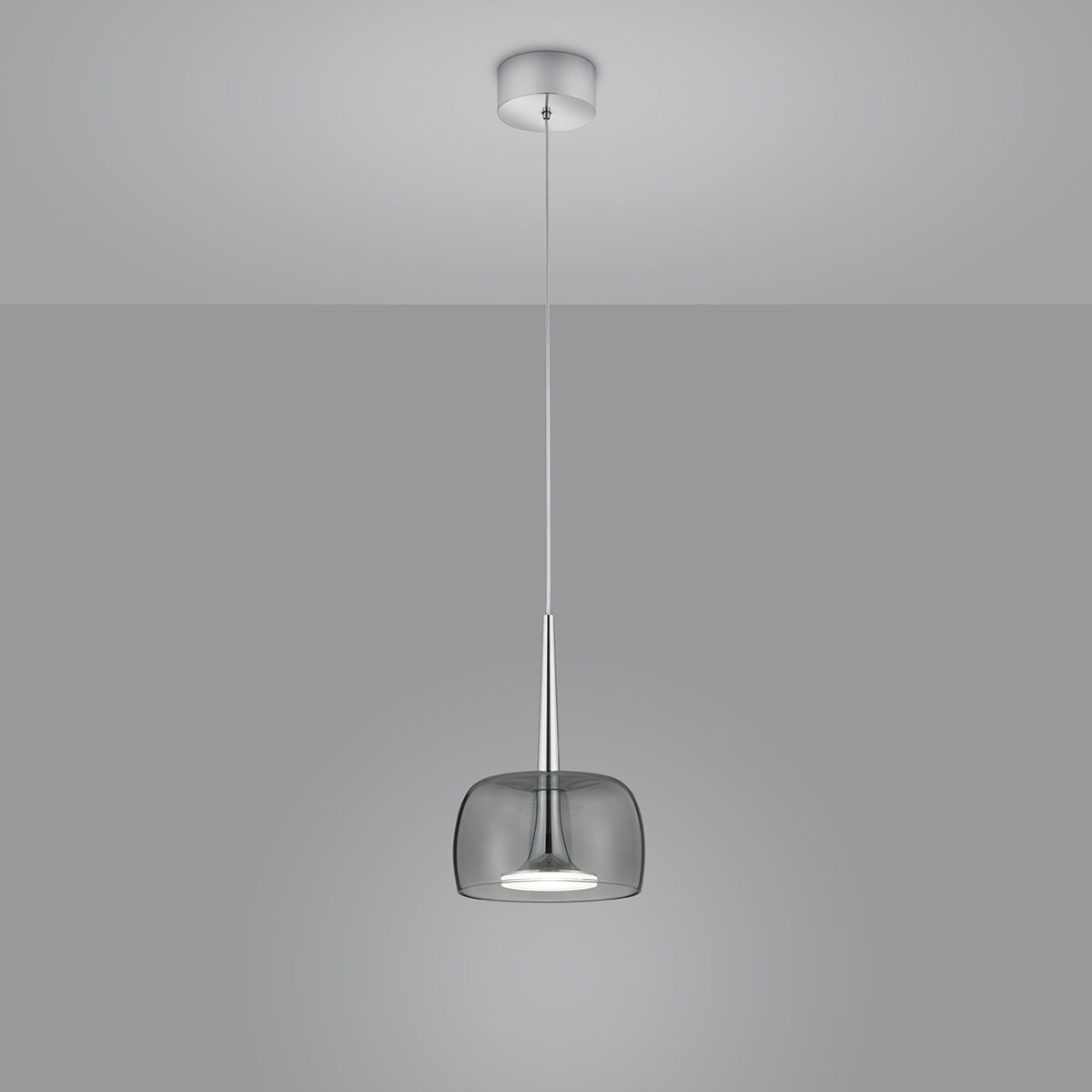 Helestra Flute LED Pendelleuchte, Chrom, Glasschirm: grau