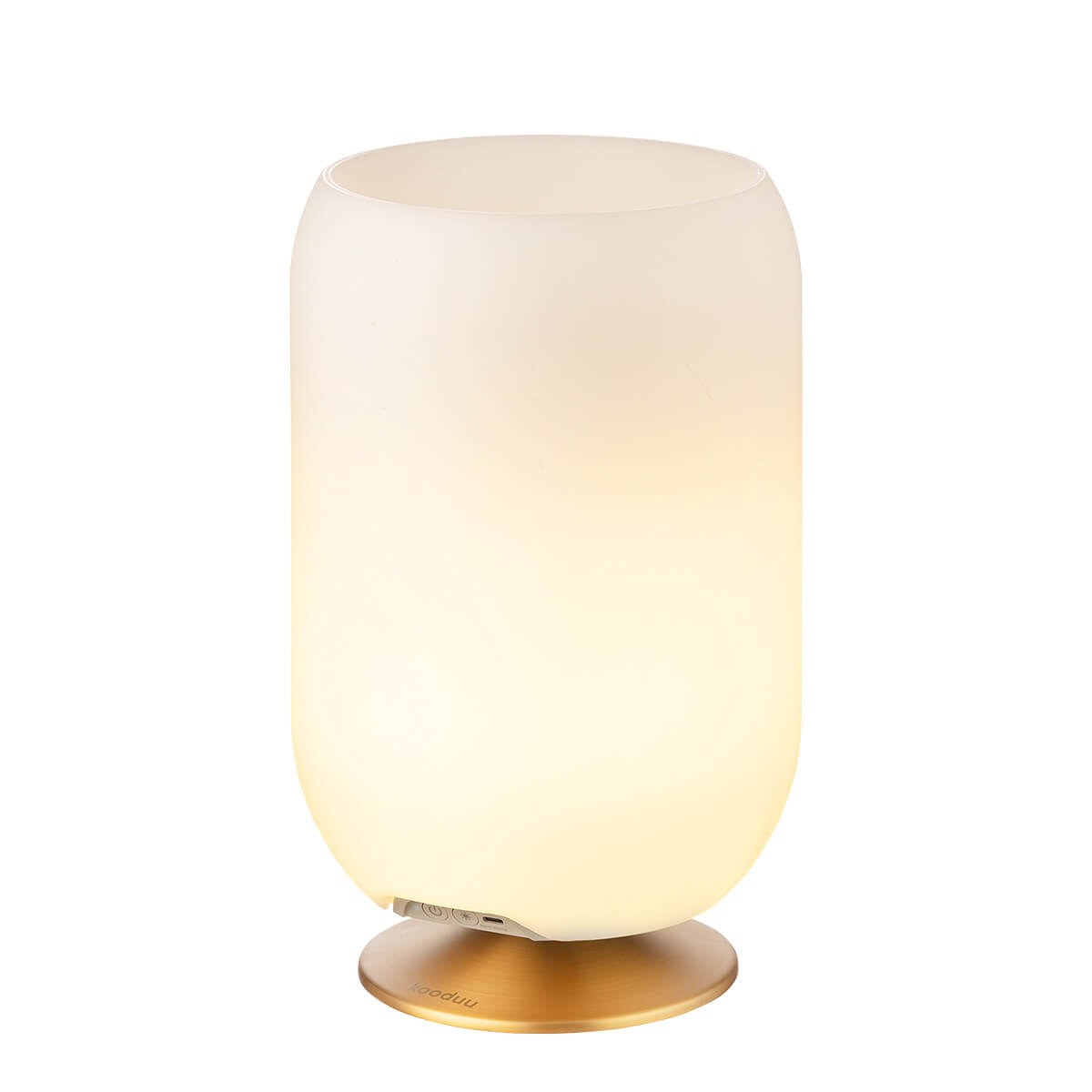 Kooduu Atmos LED Akkuleuchte, Bluetooth Lautsprecher & Weinkühler, Messing (eingeschaltet)