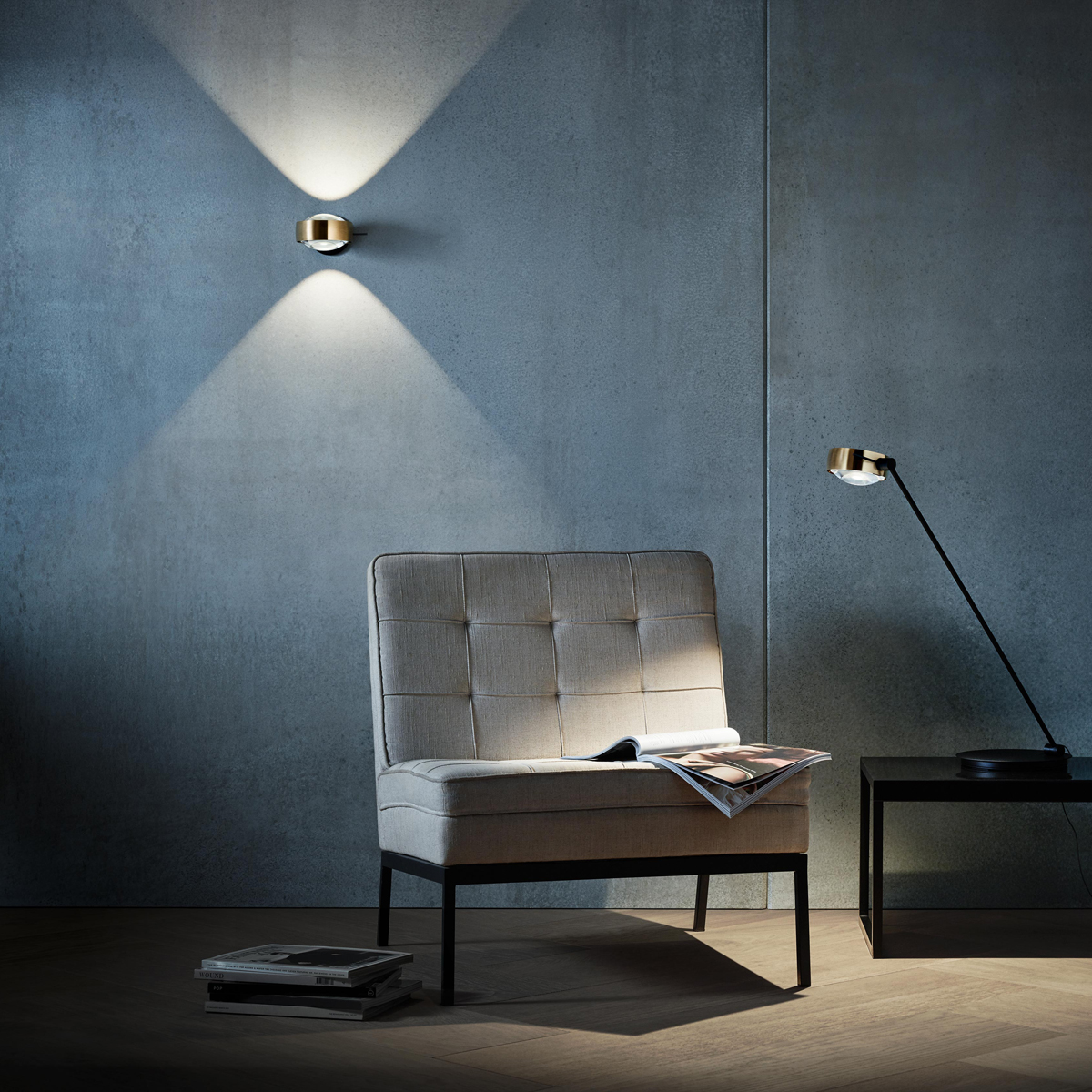 Occhio Sento D verticale up LED Wandleuchte und Occhio Sento E tavolo LED Tischleuchte, Bronze / schwarz matt